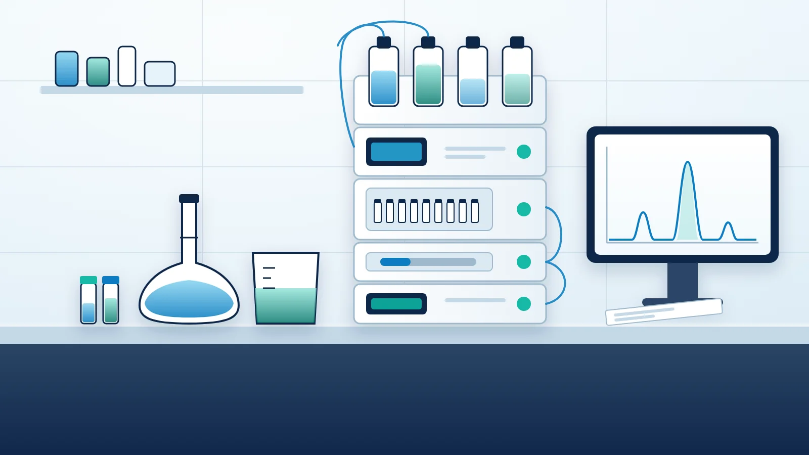 Ilustración de un laboratorio con un equipo de cromatografía líquida modular, frascos de disolventes, material de vidrio y un monitor con un cromatograma genérico
